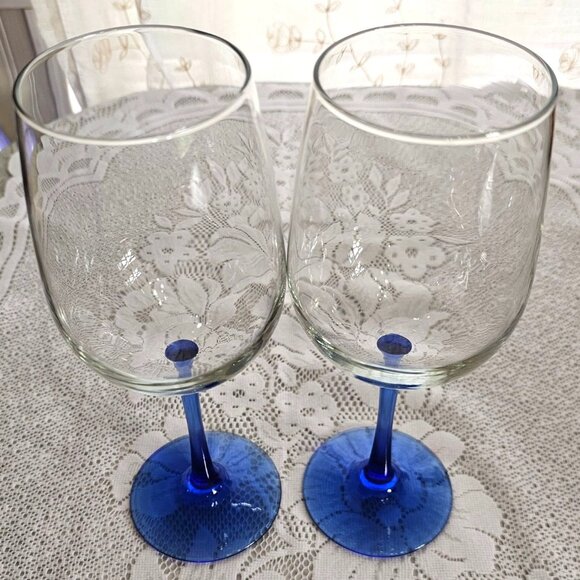 Vina Blue Libbey Red Wine Goblet 9" blown glass 17oz set of 2 stylish romantic - Picture 2 of 8